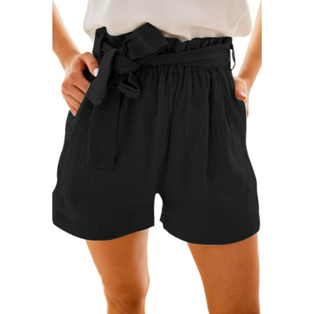 Women Black Paperbag Waist Crinkled Shorts with Belt | Walmart (US)