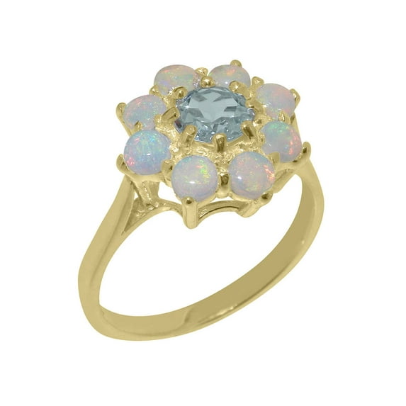 LBG British Made 10k Yellow Gold Real Genuine Aquamarine & Opal Womens Statement Ring - 33 size options - Size 5.75