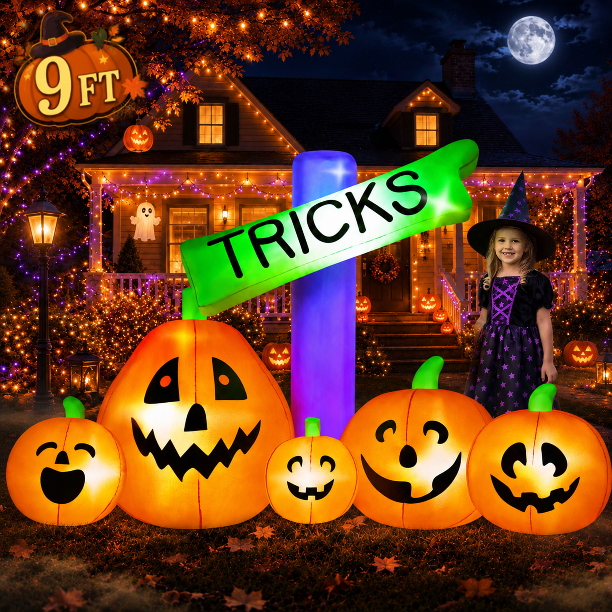 Yexmas 9 Ft Halloween Inflatable with Tricks Sign and Pumpkins photo 1