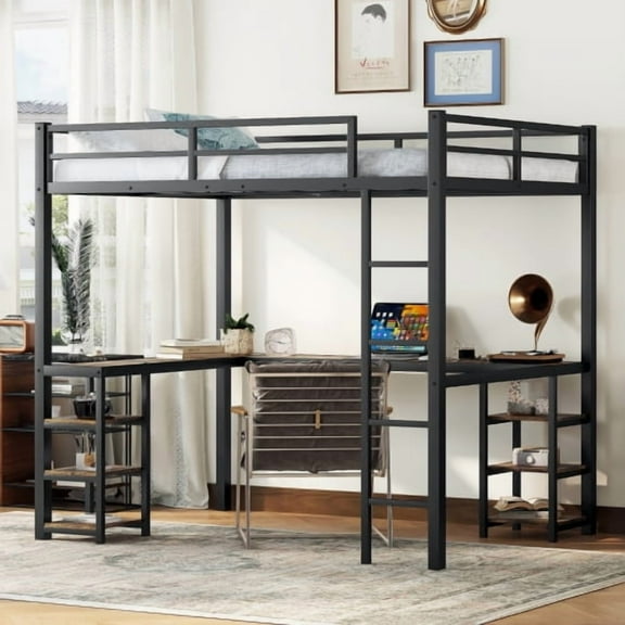Full Loft Bed with L-Shaped Desk,Heavy Duty Metal Loft Bed Frame with Ladder and Shelf for Kids, Adults, Space Saving Design,Black