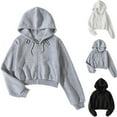 thumbnail image 3 of Women's Cropped Zip Up Hoodie with Pocket, Winter Long Sleeve Casual Pullover, Solid Color Hooded Crop Top Grey,XXL, 3 of 3