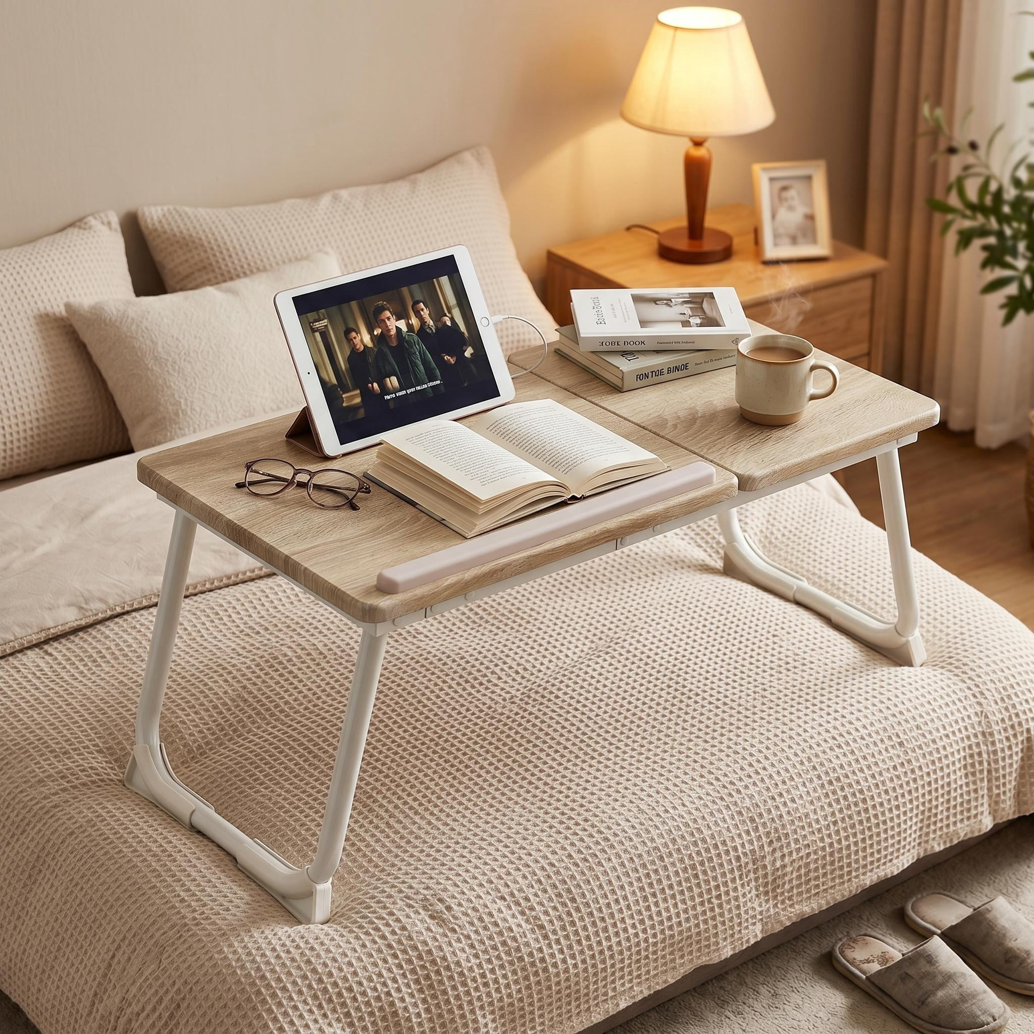 Homy Casa Folding Table with Adjustable Tilt Top and Foldable Legs, Natural Oak/White