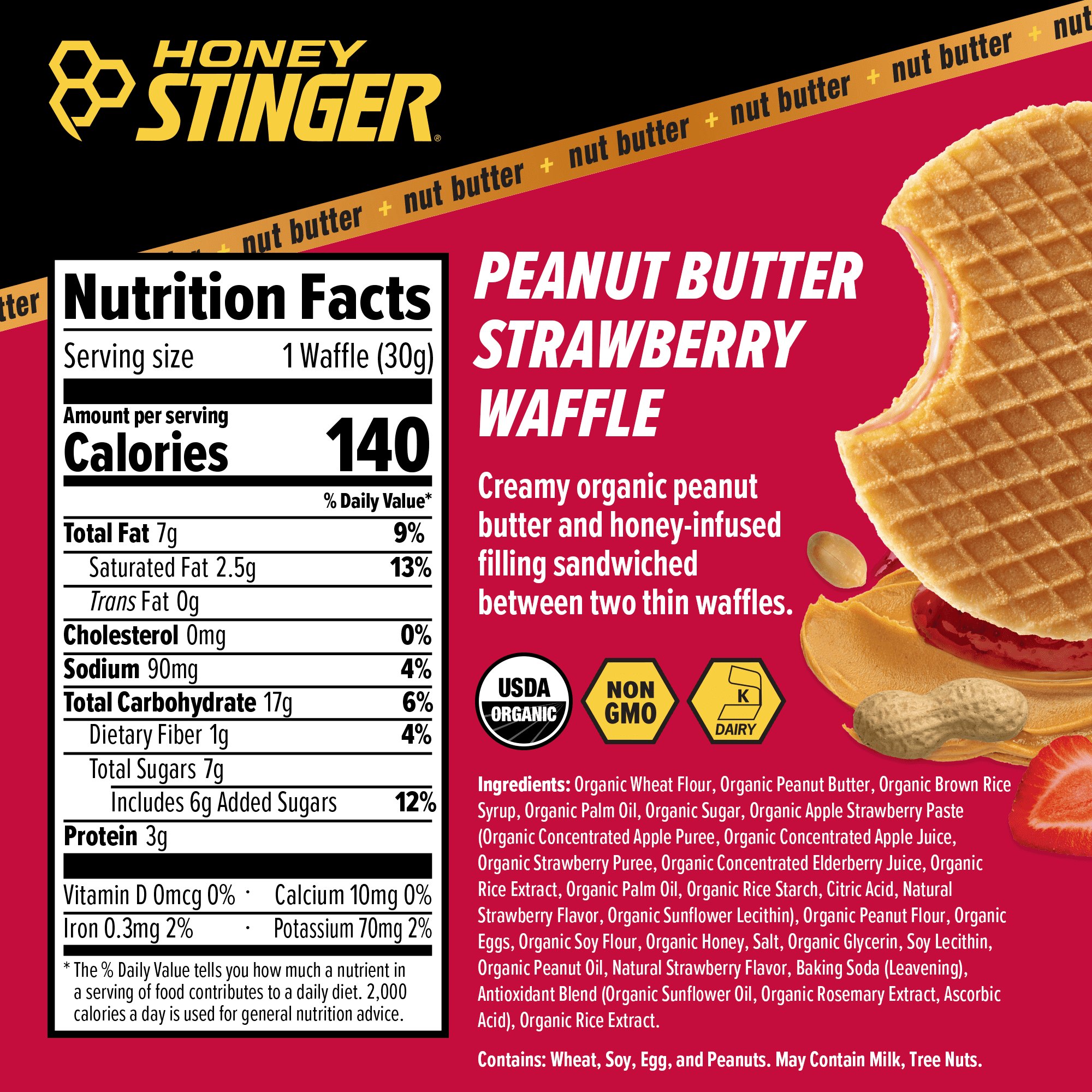 Honey Stinger Organic Energy Waffle Snack, Peanut Butter Strawberry, 1.06 oz, 6 Count