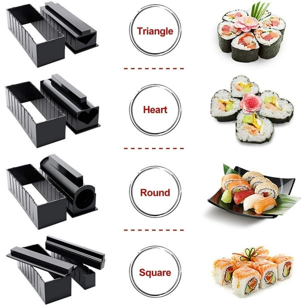 HI NINGER Sushi Making Kit- All In One Sushi Set 10 Piece Plastic Sushi  Maker Tool with 8 Different Shapes of Sushi Rice Roll Mold Shapes Fork  Spatula