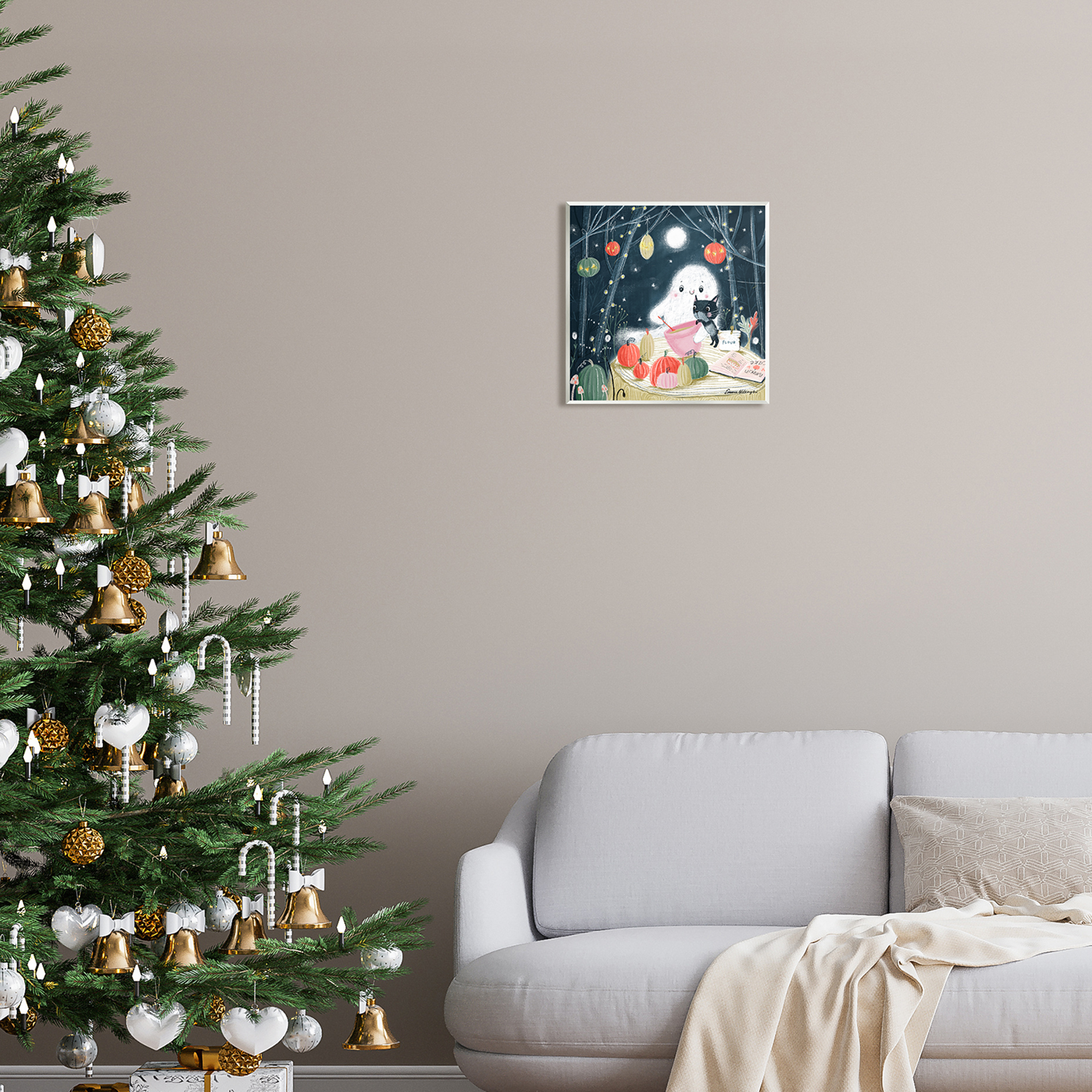 Stupell Industries Cat & Ghost Baking Pumpkin Cake Holiday Painting Unframed Art Print Wall Art