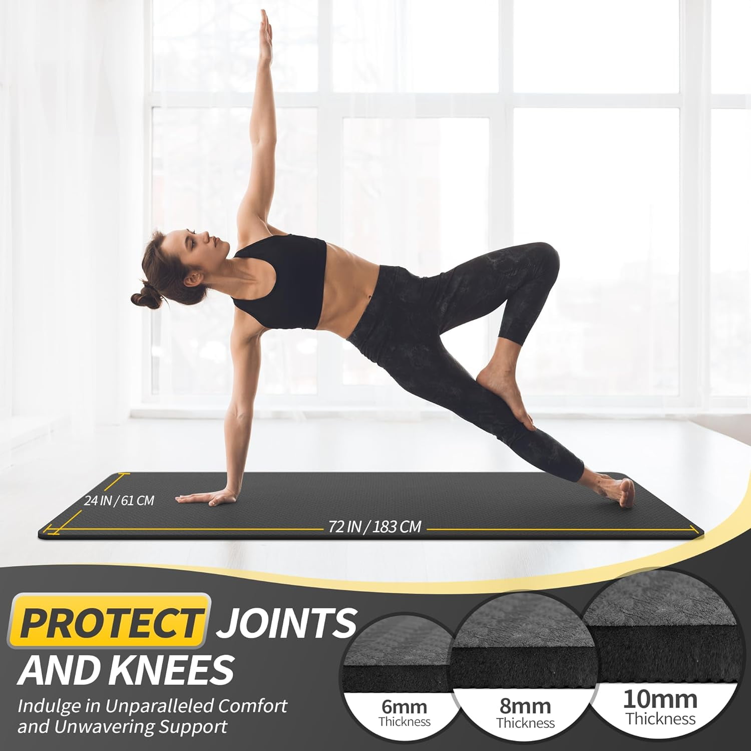 CAMBIVO Yoga Mat, 6mm Thick Eco Friendly TPE Workout Mat with Carrying Strap for Fitness, Gym and Floor Exercises, 72" x 24", Black
