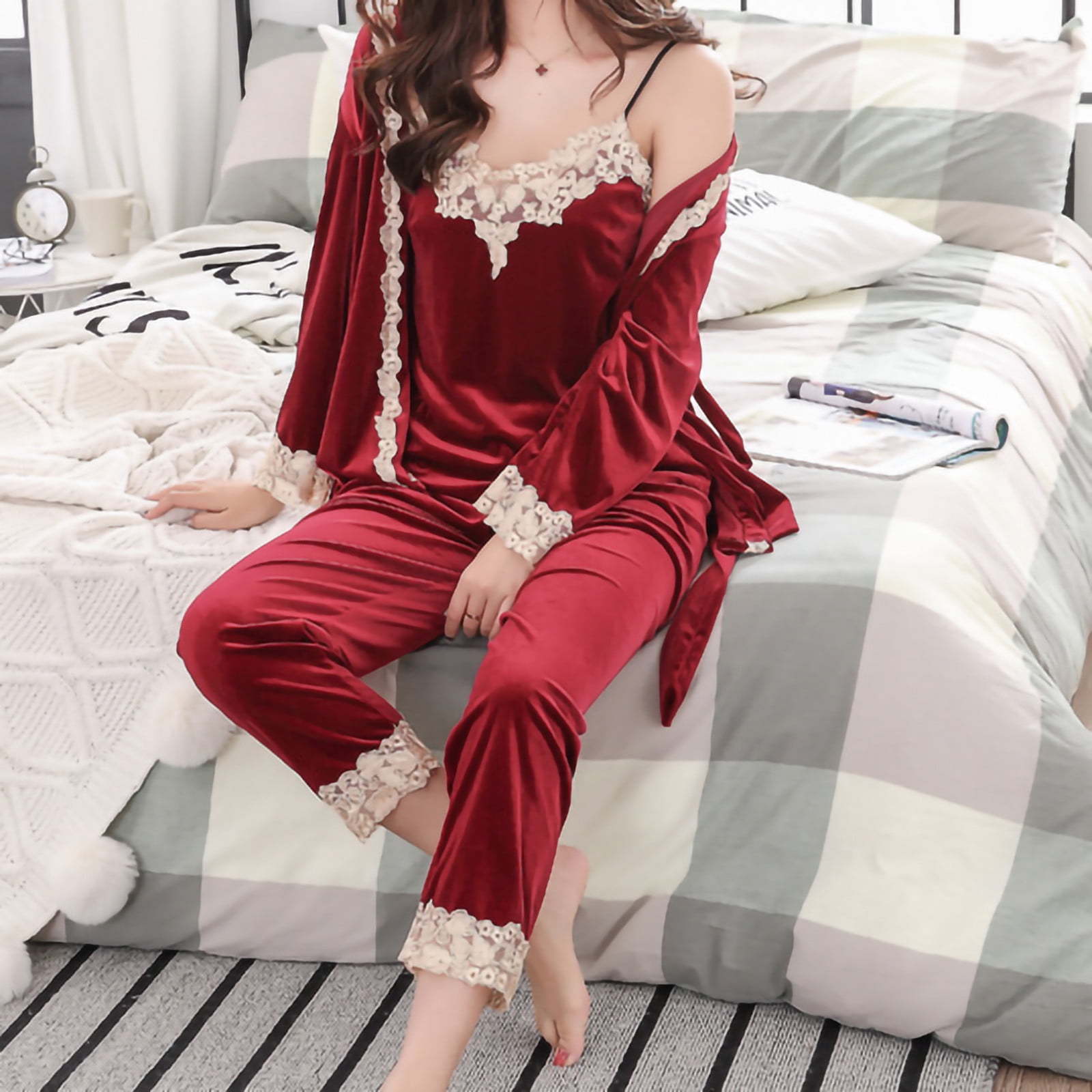  STJDM Nightgown,Winter Red Blue Women's Sleep Pajama Sets  Sleepwear Nightwear Suits Lace Plus Size 2 Pieces Robe Gown Sets M Blue :  Clothing, Shoes & Jewelry