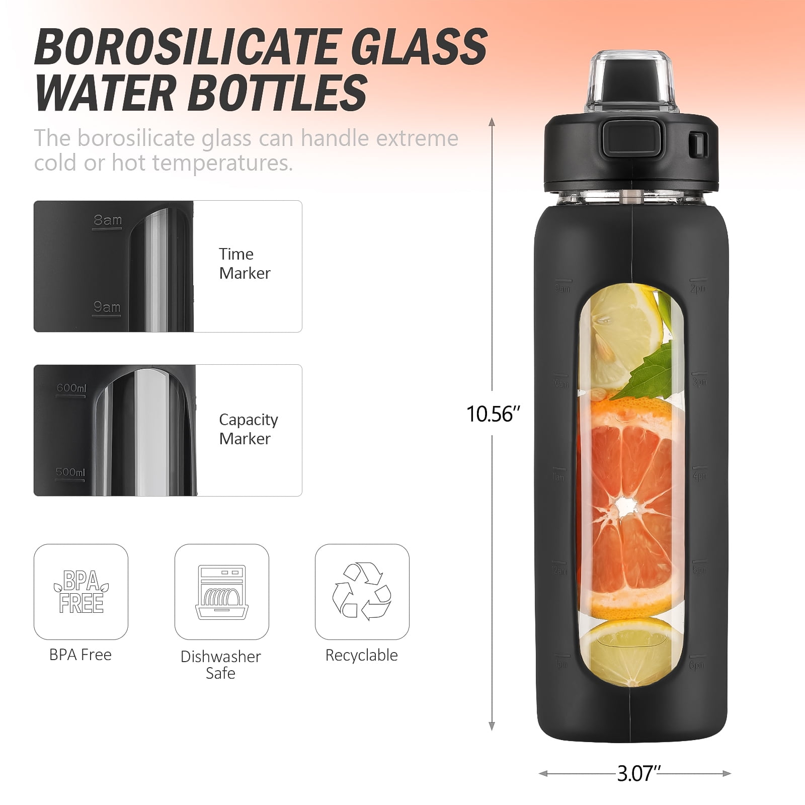 MUKOKO Water Bottle, 24oz Glass Drinking Bottle with Straw, Motivational Water Bottle with Leak Proof Locking Lid , Travel Sports Water Jug with Water Marker, Black