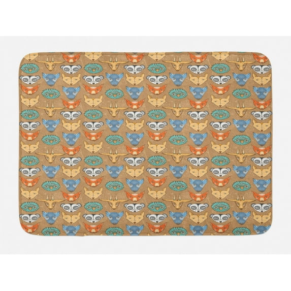 Cartoon Bath Mat, Forest Fauna Pattern Deer Owl Fox and Wolf Portraits on a Brown Toned Background, Non-Slip Plush Mat Bathroom Kitchen Laundry Room Decor, 29.5 X 17.5 Inches, Multicolor, Ambesonne