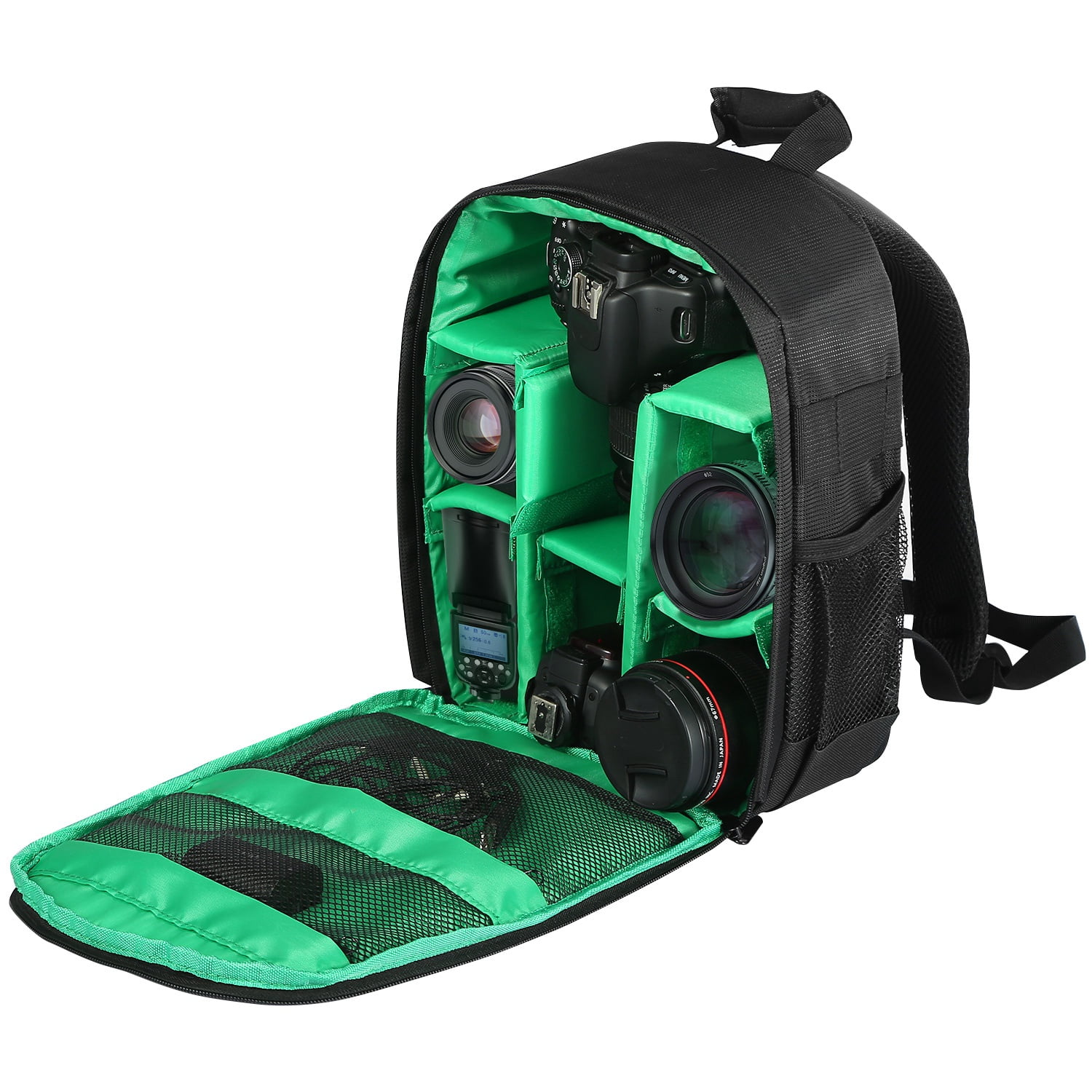 green camera backpack