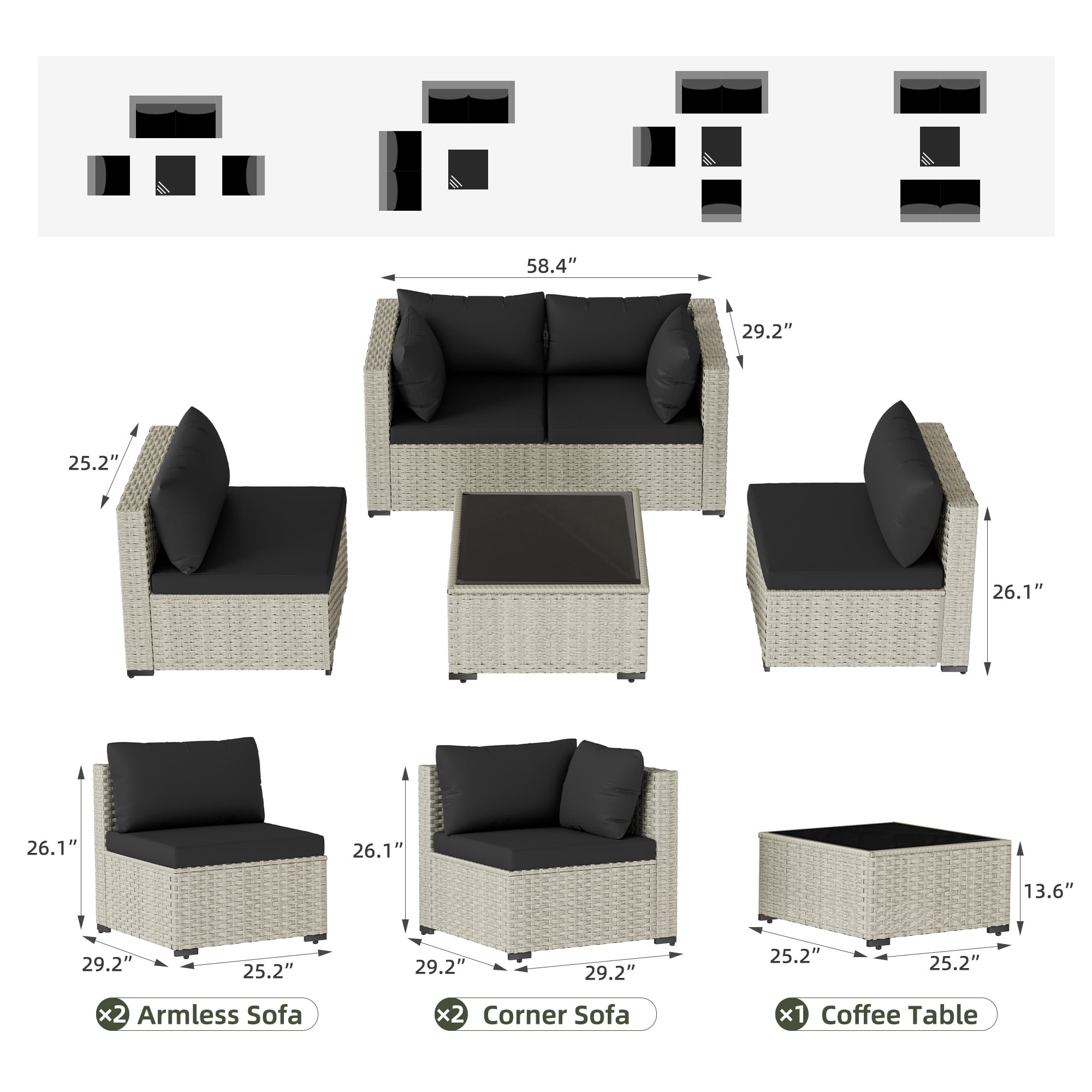 MRUAKA Outdoor Patio Furniture Set, 5-Piece Modular Sectional Sofa With Tea Table and Free Cushion, PE Wicker Outdoor Conversation Set for Patio, Garden, Backyard, Black