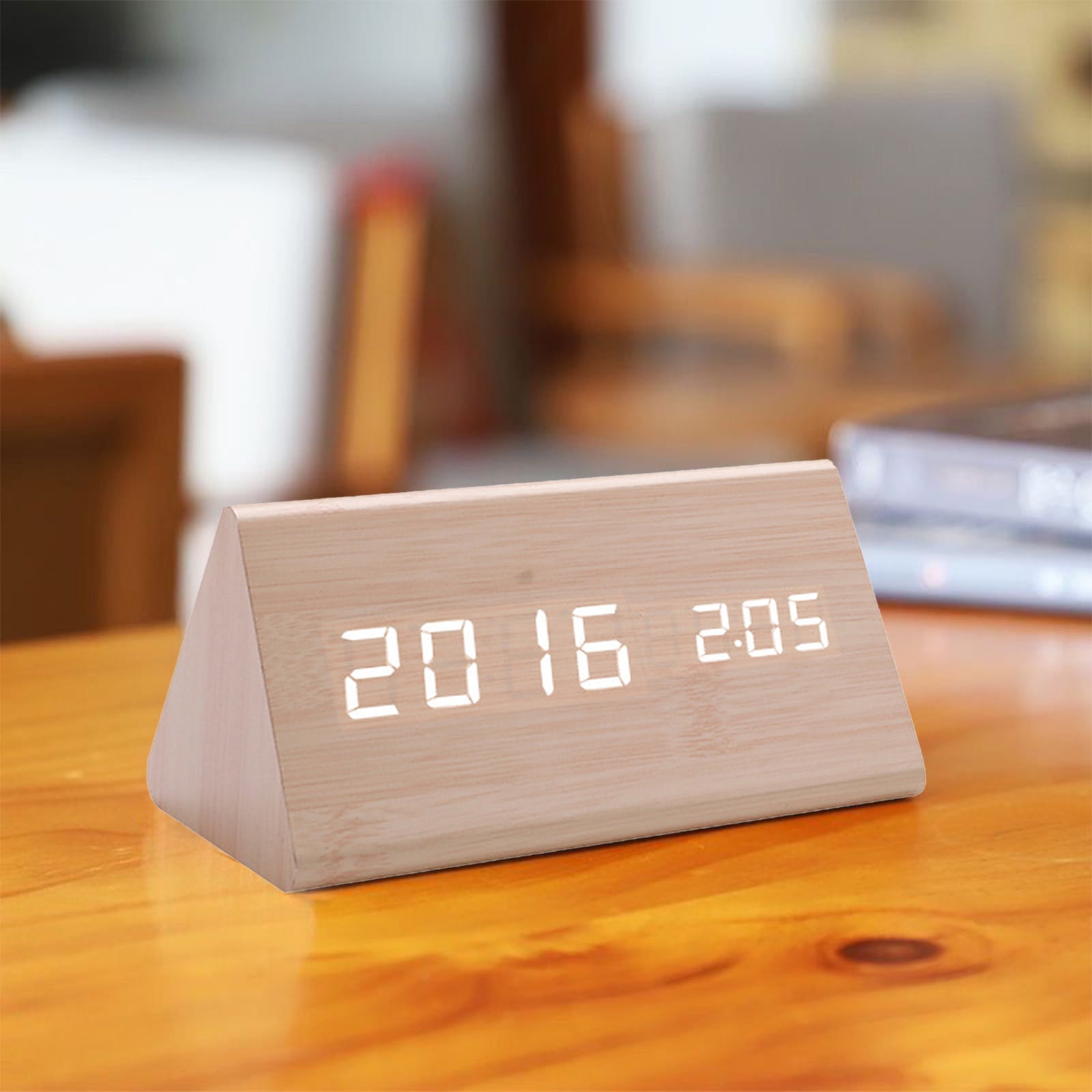 VQPeo Modern Wooden LED Alarm Clock – Digital Wall or Desk Clock with Day, Date & Temperature Display, USB & Battery Powered, Adjustable Brightness, 3-Alarm Timer