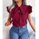 thumbnail image 5 of Blusas de gasa con cuello de pajarita de verano para mujer, blusas de moda elegantes de Color puro que adelgazan con cordones, camisas de manga con volantes para mujer, rojo vino S, 5 of 8