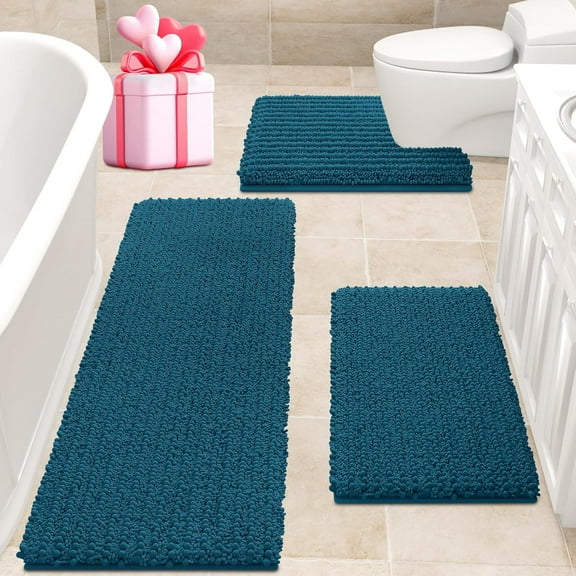 HAKUNA Upgrade Extra Large Teal Blue Bathroom Rug Set 3 Pieces Ultra Soft, Thick Absorbent Bath Mats, Non Slip Chenille Toilet Mat for Bathroom, Bedroom, Kitchen