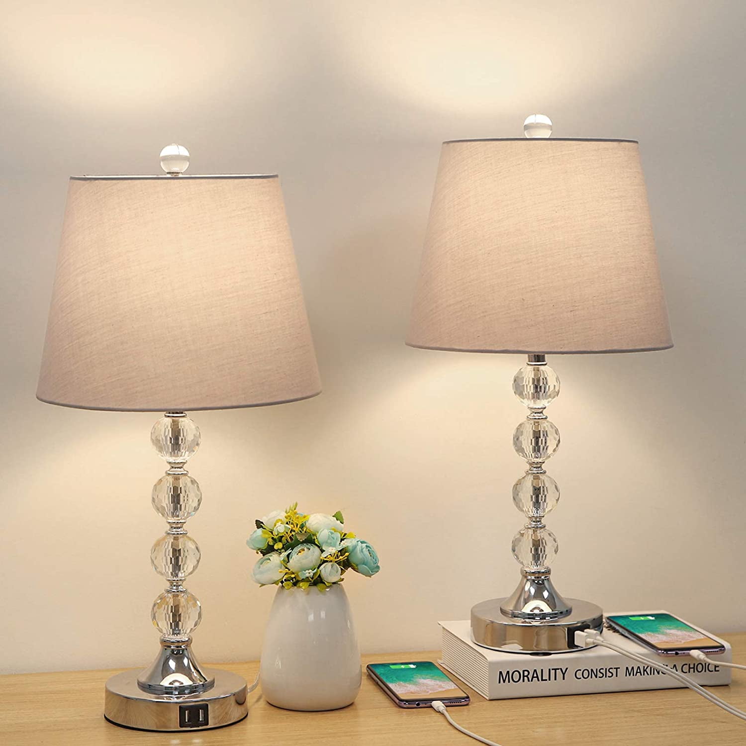 Bedside Crystal Table Lamps Set of 2 with Dual USB Charging Ports