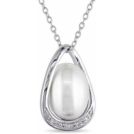 Miabella 9.5-10mm White Rice Cultured Freshwater Pearl and Diamond-Accent Sterling Silver Link Pendant, 18