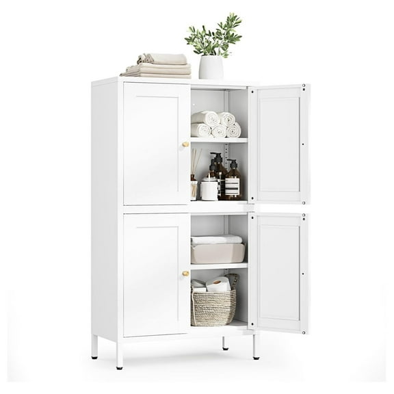 Storage Cabinet with Doors and Shelves,Small Freestanding Bathroom Floor Metal Cabinets -White