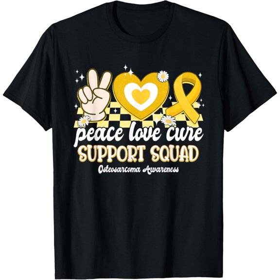 Exquisite and comfortable-Support Squad Peace Love Cure Yellow Osteosarcoma Awareness T-Shirt
