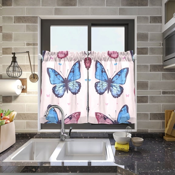 Pink Blue Butterflies Kitchen Curtains Half Tier Curtain 2 Rod Pockets Bathroom Bedroom Cupborad Living Room 27"x24"