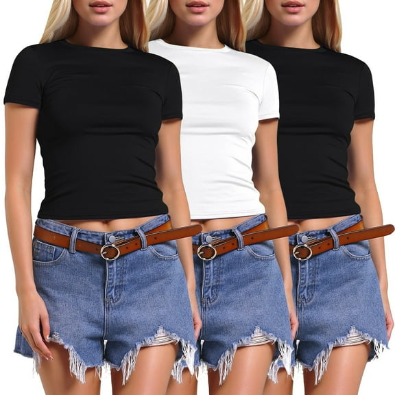 3 Pack T Shirts for Women Short Sleeve Skinny Stretchy Soft Basic Tops Slim Fit Cropped Solid Color Comfortable Casual Tees Black L