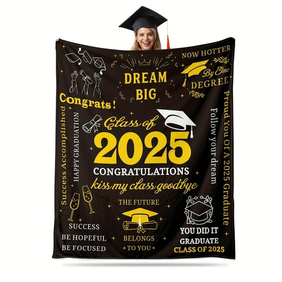 2025 Graduation Flannel Blanket "Dream Big" Design with Graduation Caps & Diplomas Cozy Throw for High School College and Graduates