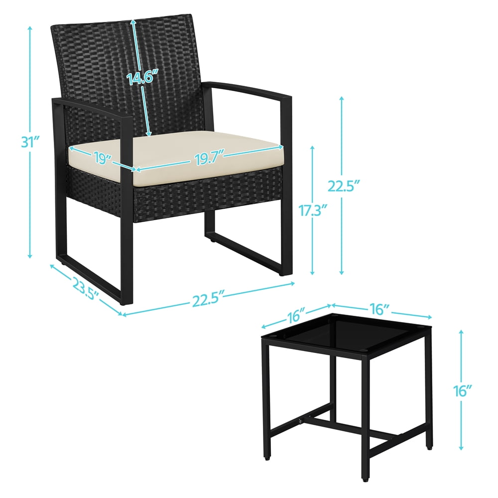 Yaheetech 3-piece Patio Set 2 Rattan Chairs & Table with Cushions, Black/Beige