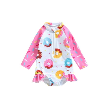 

Toddler Kids Baby Girls One Piece Swimsuit Donut Print Long Sleeve Zip Up Rashguard Bathing Suit Swimwear Beachwear