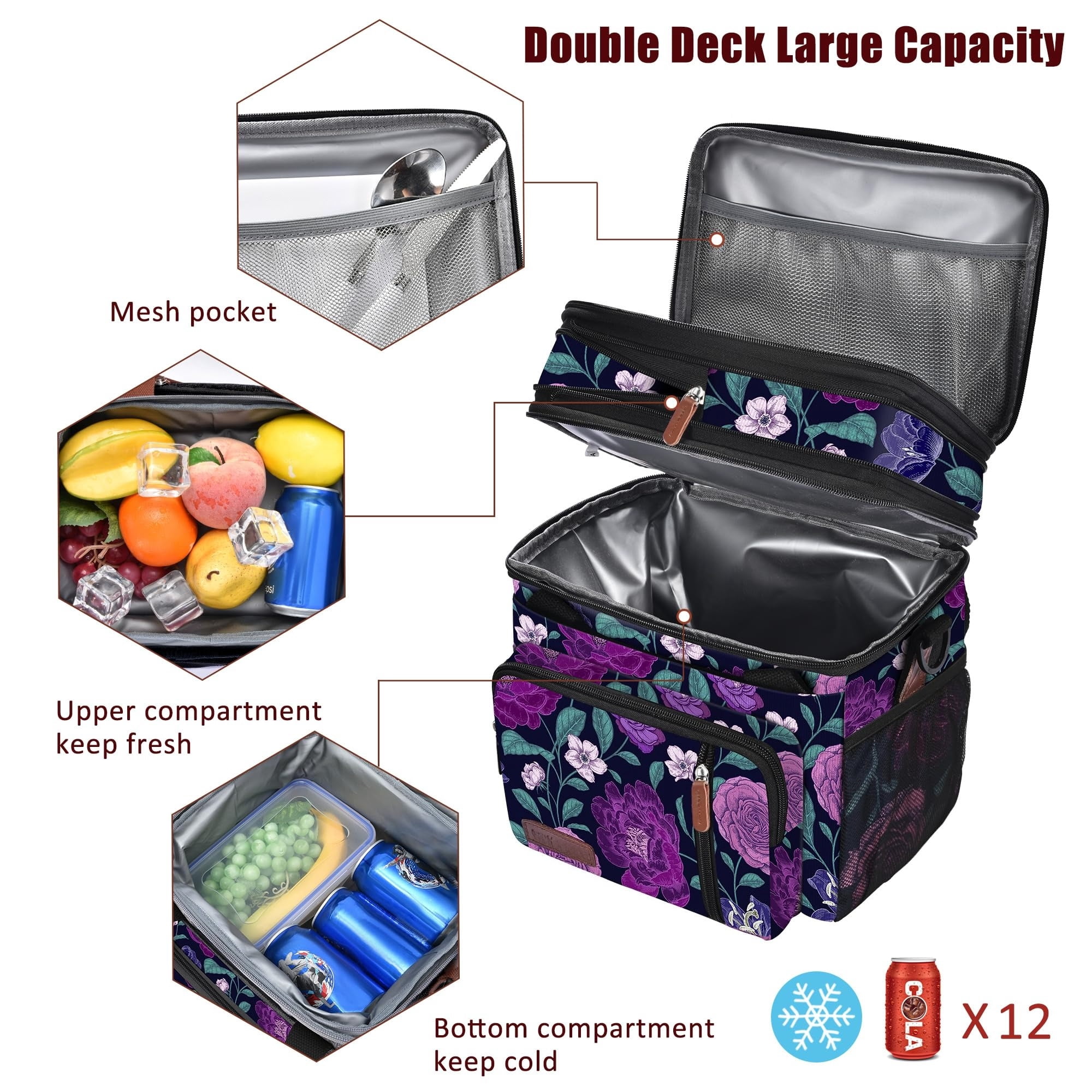 Lunch Bag & Lunch Box for Men Women, Double Deck Leakproof Insulated Soft Large Adult Camping Cooler bag for Work Beach Picnic Travel