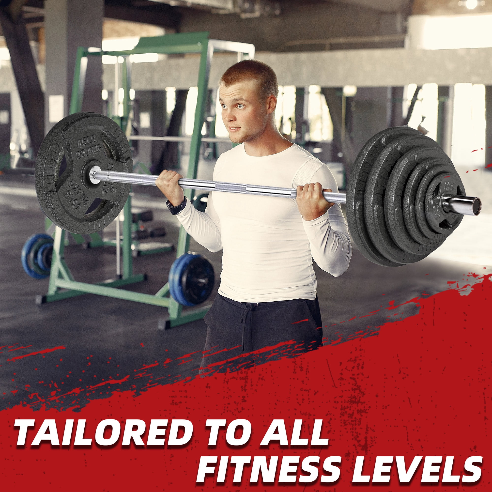 BalanceFrom 2-Inch Cast Iron Olympic Weight Plate Set，with 5FT Barbell，25/35/45LB Weight Plate Options，for Strength Training & Weightlifting