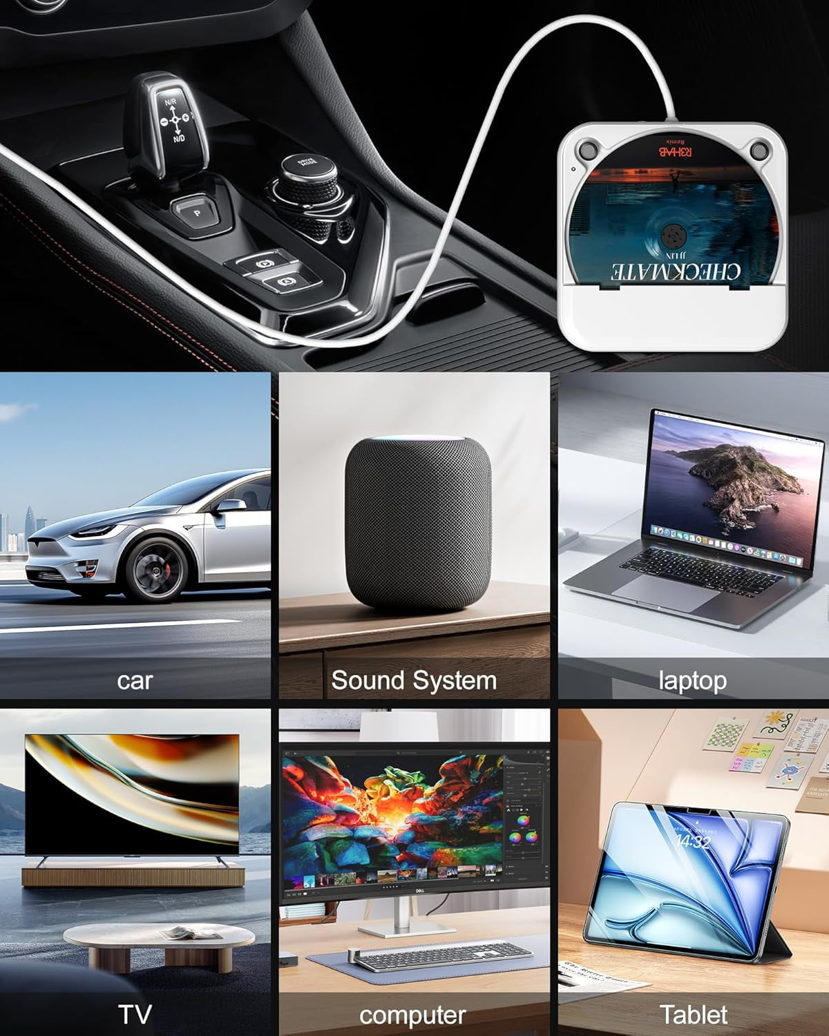 Car CD Player with USB/AUX Port, External Universal CD Player for Car with Car Radio Stereo, Portable Car CD Players with Remote Control for Laptop, TV, Computer,Universal for Vehicle