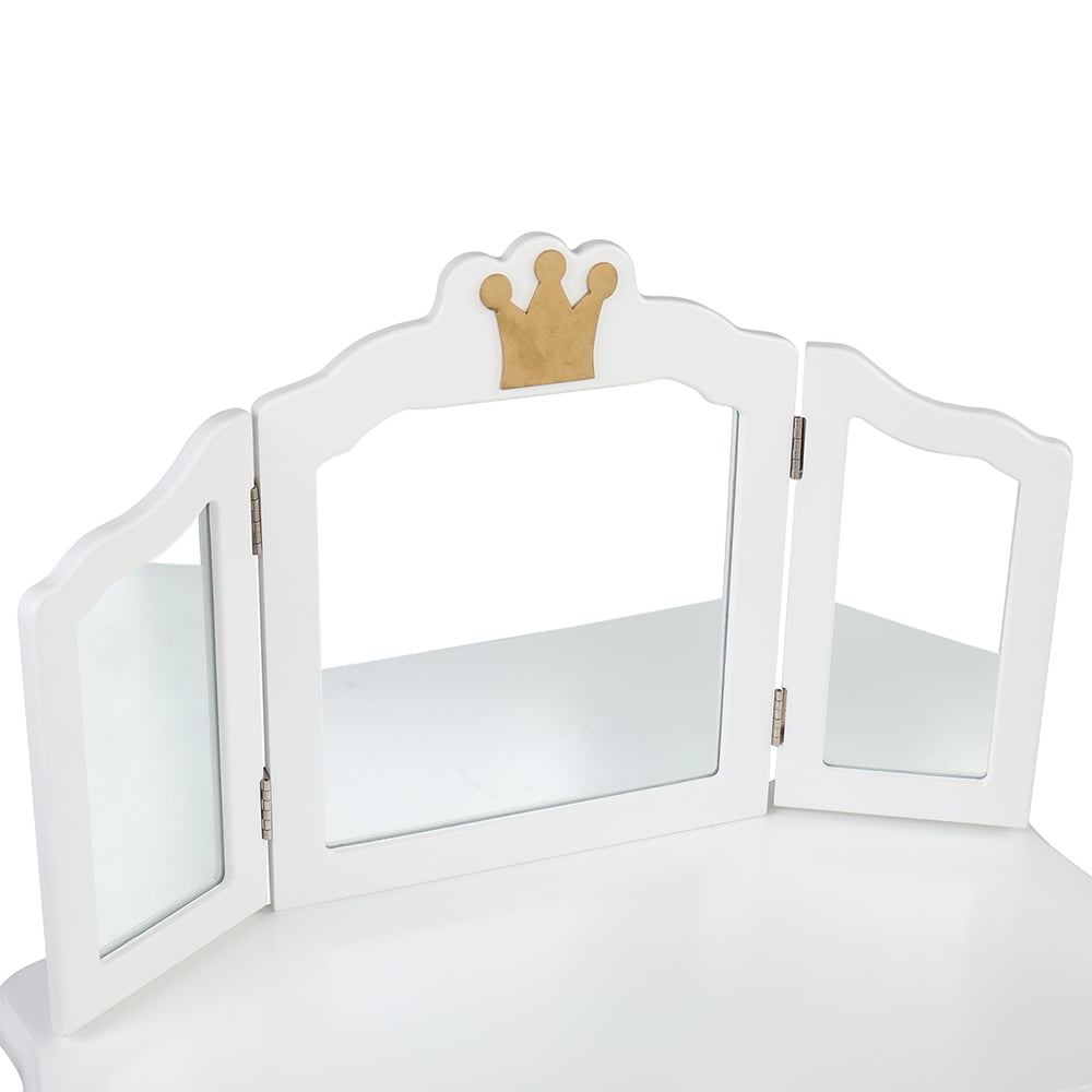 Private Jungle Children's Wooden Dressing Table Three-Sided Folding Mirror Dressing Table Chair Single Drawer,White Crown Style Private Jungle Children's Wooden Dressing Table Three-Sided Folding Mirror Dressing Table Chair Single Drawer,White Crown Style
