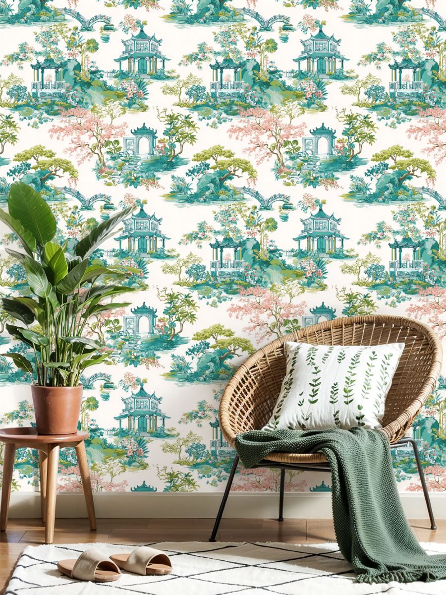 Peel and Stick Wallpaper 23.6in x 9.8ft Chinese Garden Landscape Pagodas Bridges Floral Motifs Contact Paper Vinyl Self-Adhesive Removable Wall Paper for Bedroom Kitchen Cabinet Renter Friendly