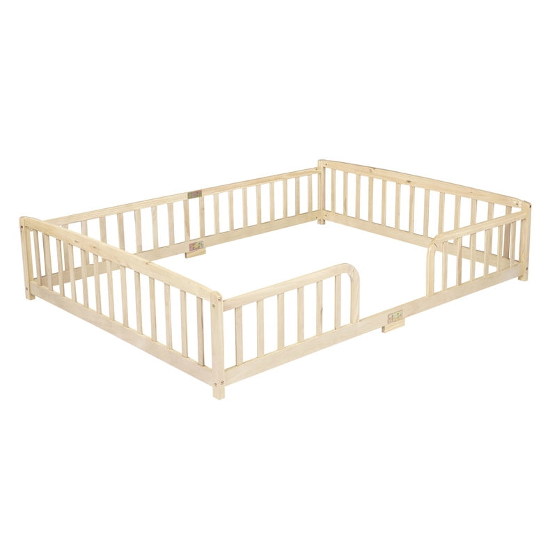 Queen Size Montessori Kids Floor Bed with Entrance, Toddler Crib Fence Bed, Low-Profile Wood Platform Bed Frame with Curved Guardrails