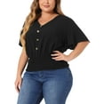 thumbnail image 4 of Agnes Orinda Women's Plus Size V Neck Short Sleeve Button Decor Smocked Shirred Blouses 2X Black, 4 of 6