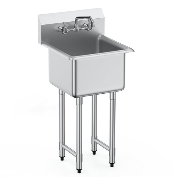 KFFKFF Single Basin Utility Sink in Stainless Steel, Freestanding with Faucet & Legs, Dimensions 18"x41", Ideal for Garage, Eatery, Kitchen, Laundry Room, Certified by NSF