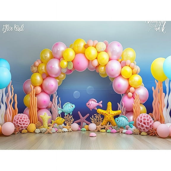 Mermaid Beach Scene Star Photography Backdrops Happy Birthday r Balloons Crown Party Photo Studio Background DF-02