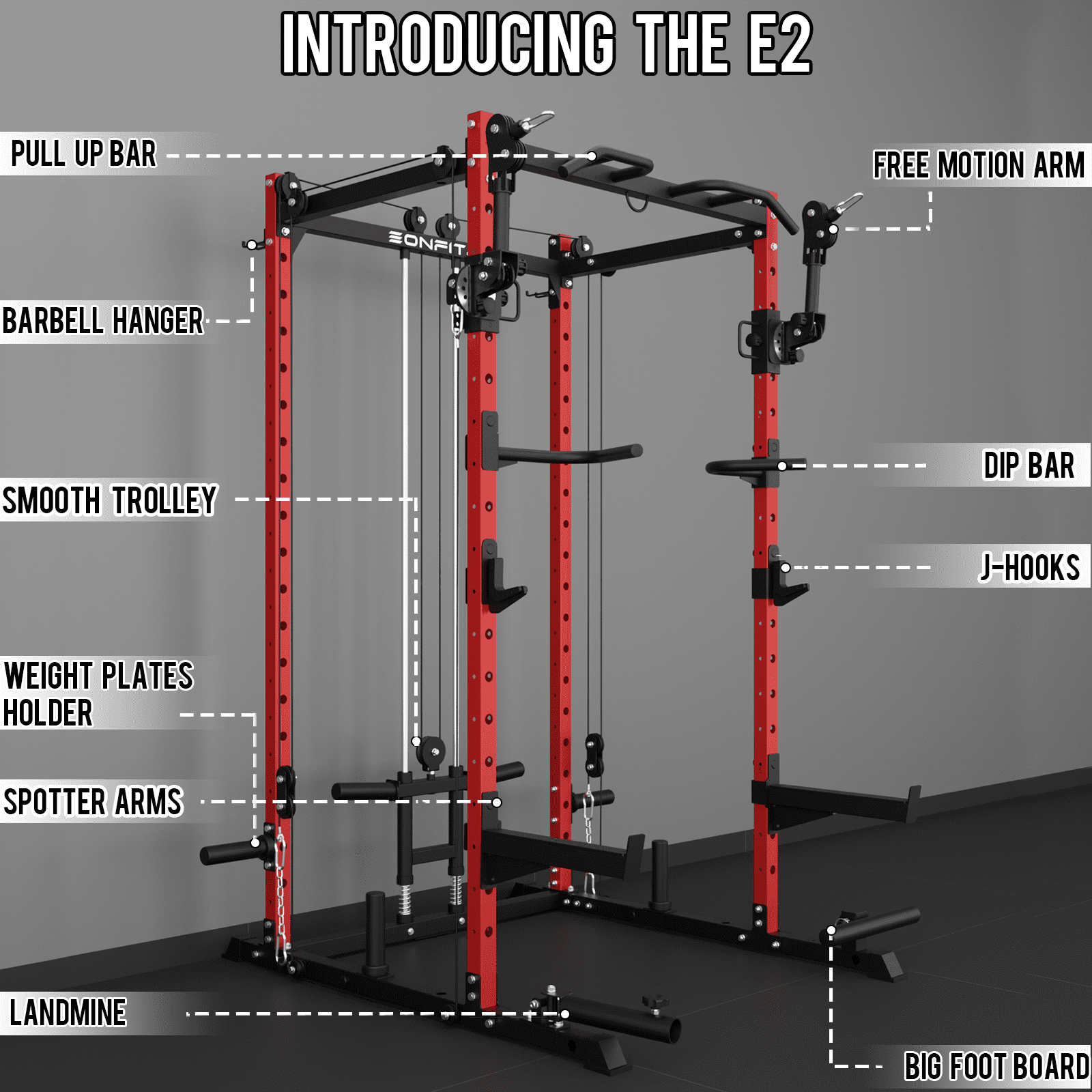 Eonfit E2 Power Cage with 3D Rotation Arms - Multi-Functional Power Rack for Home Gym. 1500lb Squat Rack for Home Gym. Pulley System for Cable Crossover & LAT Pulldown (E2 RED PRO)