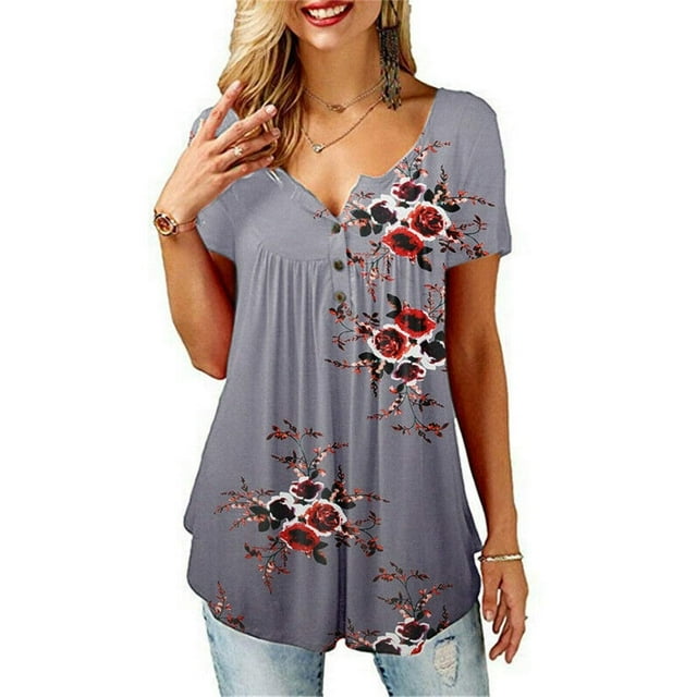 T-shirts d'Été Décontractés pour Femmes à Fleurs, Col en V, Manches Courtes, Amples et Larges, Tuniques Extensibles, Grande Taille