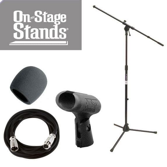 On Stage Stands MS7701B Tripod Boom Microphone Stand With On Stage Foam Windscreen Black + Mic Cable 20 ft. XLR + On Stage Unbreakable Dynamic Rubber Mic Clip