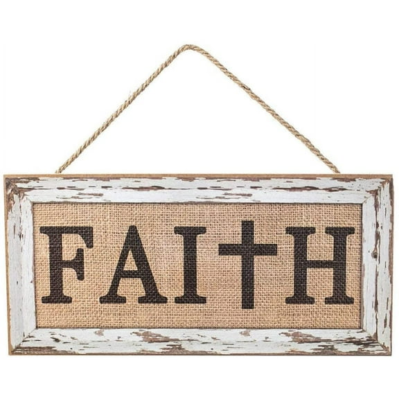 Wooden Burlap Faith Cross Sign - 12.5" x 6", Christmas Decoration, Rustic White Wood and Burlap Easter Wall Decor, Christian, Church, Jesus, Lord, Wreath, Home, Kitchen