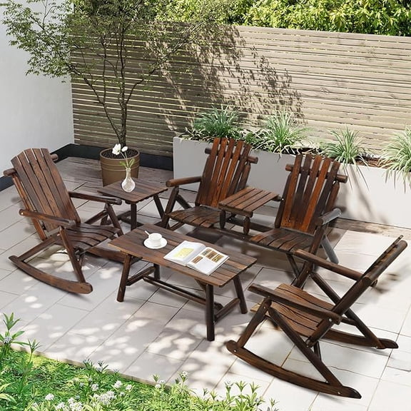 EPICOZY 5-Piece Outdoor Wood Log Rocking Conversation Set, Patio Adirondack Furniture Chair Set Including 2-Seater Garden Bench & Built-in Table, 2 Coffee Table, 2 Log Rocker Chair, Carbonized