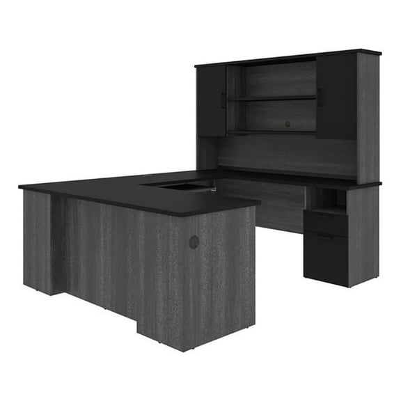 Atlin Designs Transitional Wood U Shaped Computer Desk in Black/Bark Gray