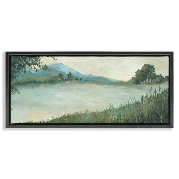 Stupell Industries Grasses by Scenic Lake Landscape & Nature Painting Black Floater Framed Canvas Art Print Wall Art, 25 x 11