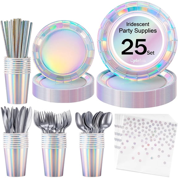 Iridescent Party Supplies Decorations,Holographic Paper Plates and Napkins Set,Disposable Iridescent Party Tableware Set with Paper Plates Cups Napkins Spoons Knives Forks Straw,Serves 25
