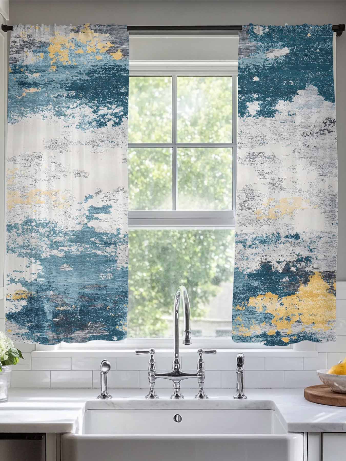 Navy Gold Gray Sheer Curtains for Living Room Bedroom, Abstract Art Mottled Old Gradient Color Light Filtering Sheer Curtains, Rod Pocket Voile Window Drapes, 2 Panels Set 52"x 63"