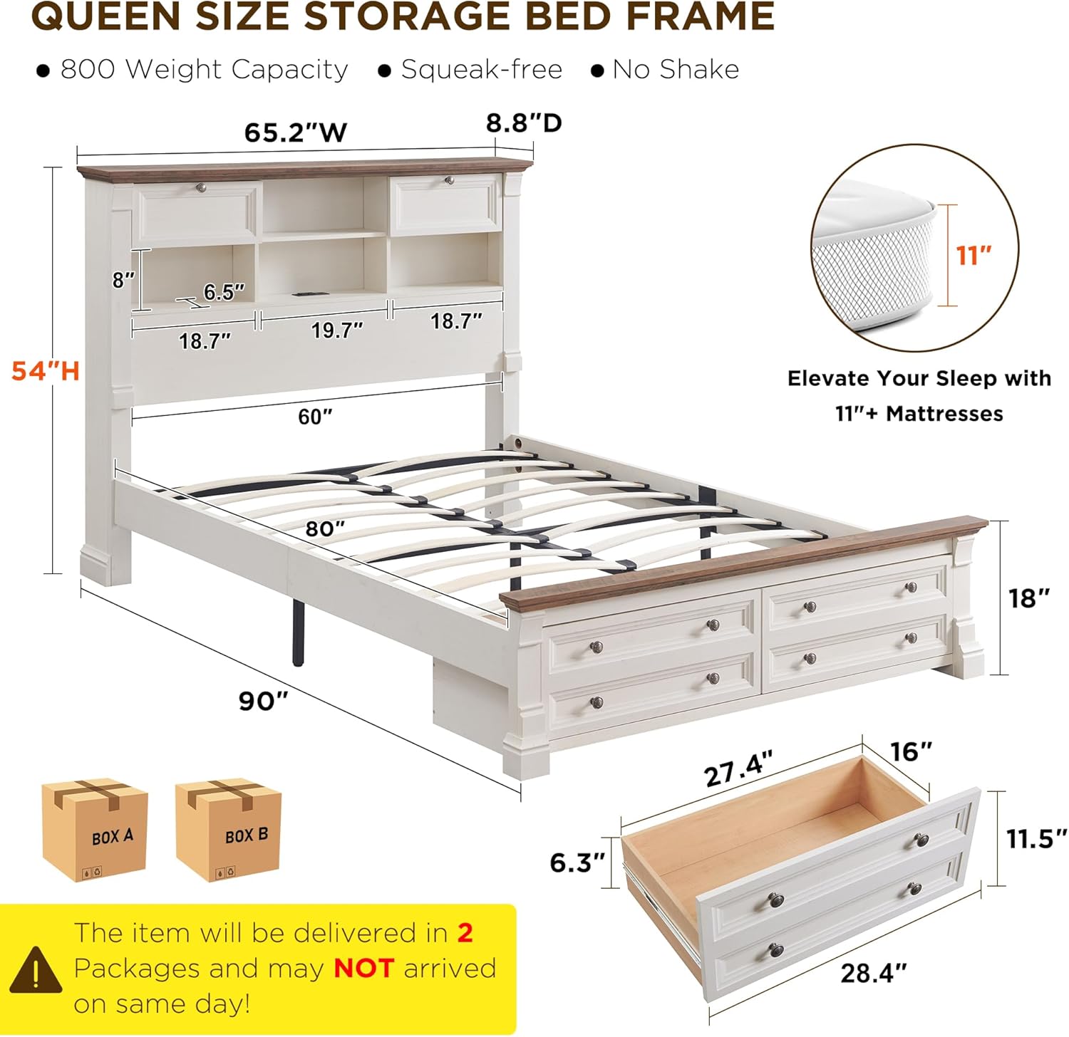 KeyWhat Farmhouse Queen Size Bed Frame with 54" Tall Storage Bookcase Headboard, Wood Platform Bed Frame with 2 Drawers, No Box Spring Needed, Antique White