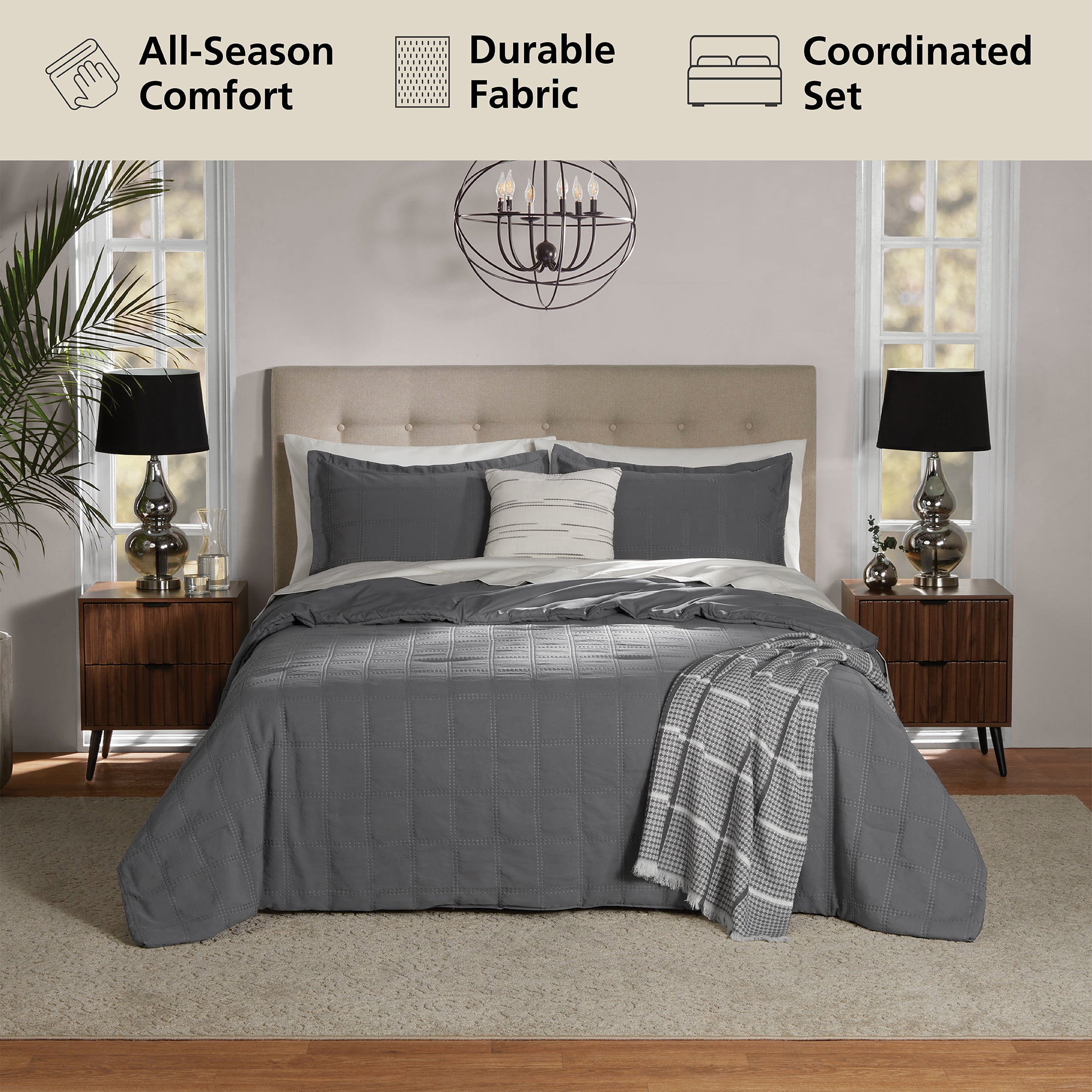 Mainstays Full/Queen Comforter Set, All-Season, 5-Piece, Grey Waffle Check