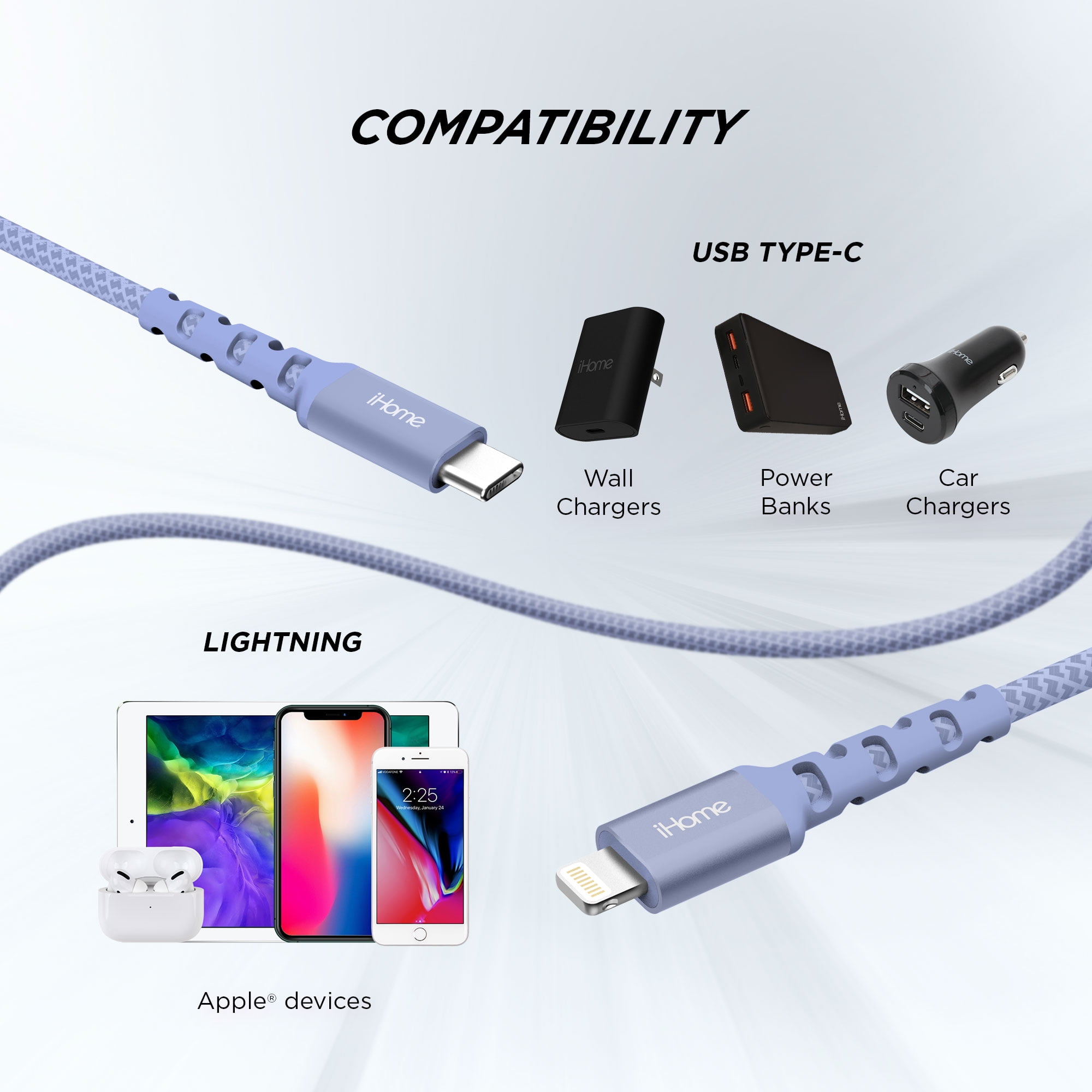 iHome Nylon Braided Lightning to USB-C Cable, Lavender, 6'