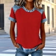 thumbnail image 2 of jtjvou Womens Waffle Knit T Shirts Denim Spliced Short Sleeve Tops Crew Neck Casual Color Block Blouses Tees Red L, 2 of 5