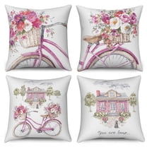Pink Bicycle Bike Throw Pillow Covers 18x18 Set of 4,Spring Flower Decorative Pillow Cases for Bedroom Sofa Couch